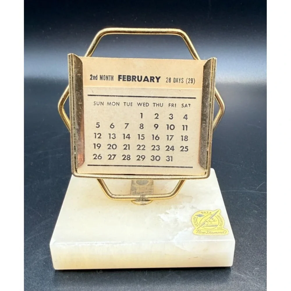 Perpetual Desk Calendar Brass Onyx Base Stone Mid Century Art Deco Complete